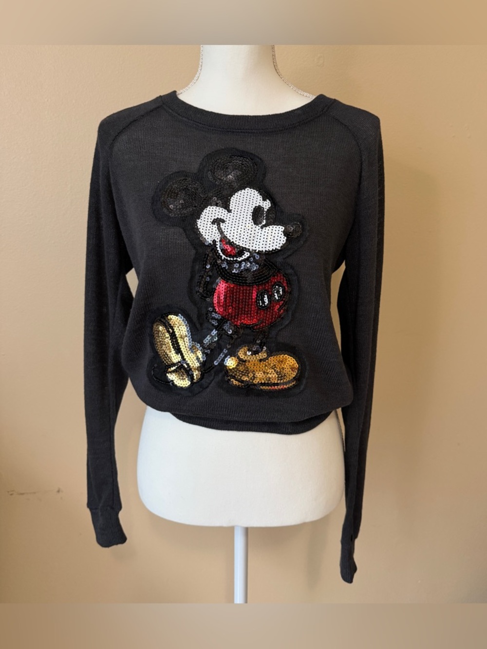 Disney Sequined Mickey Mouse Women’s Lightweight Sz XS Black Sweater